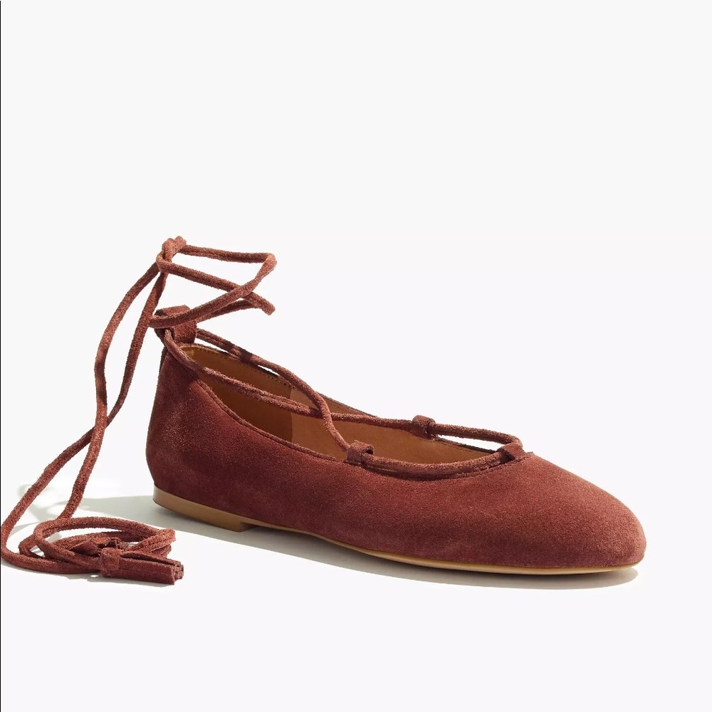 Madewell The Inga Lace-Up Red Suede Flat Size 8 Excellent Condition